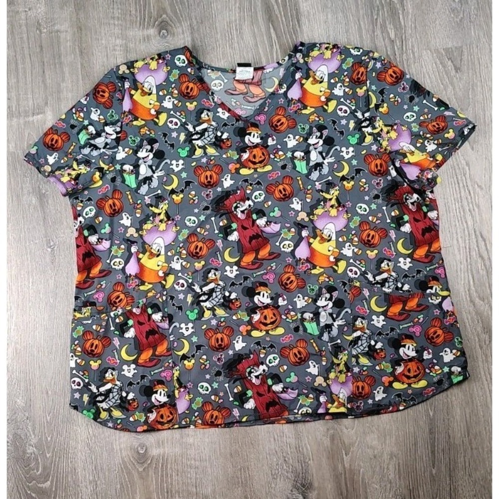 Disney Women's Halloween‎ Mickey Mouse and Friends V-Neck Scrub Top Size 3XL